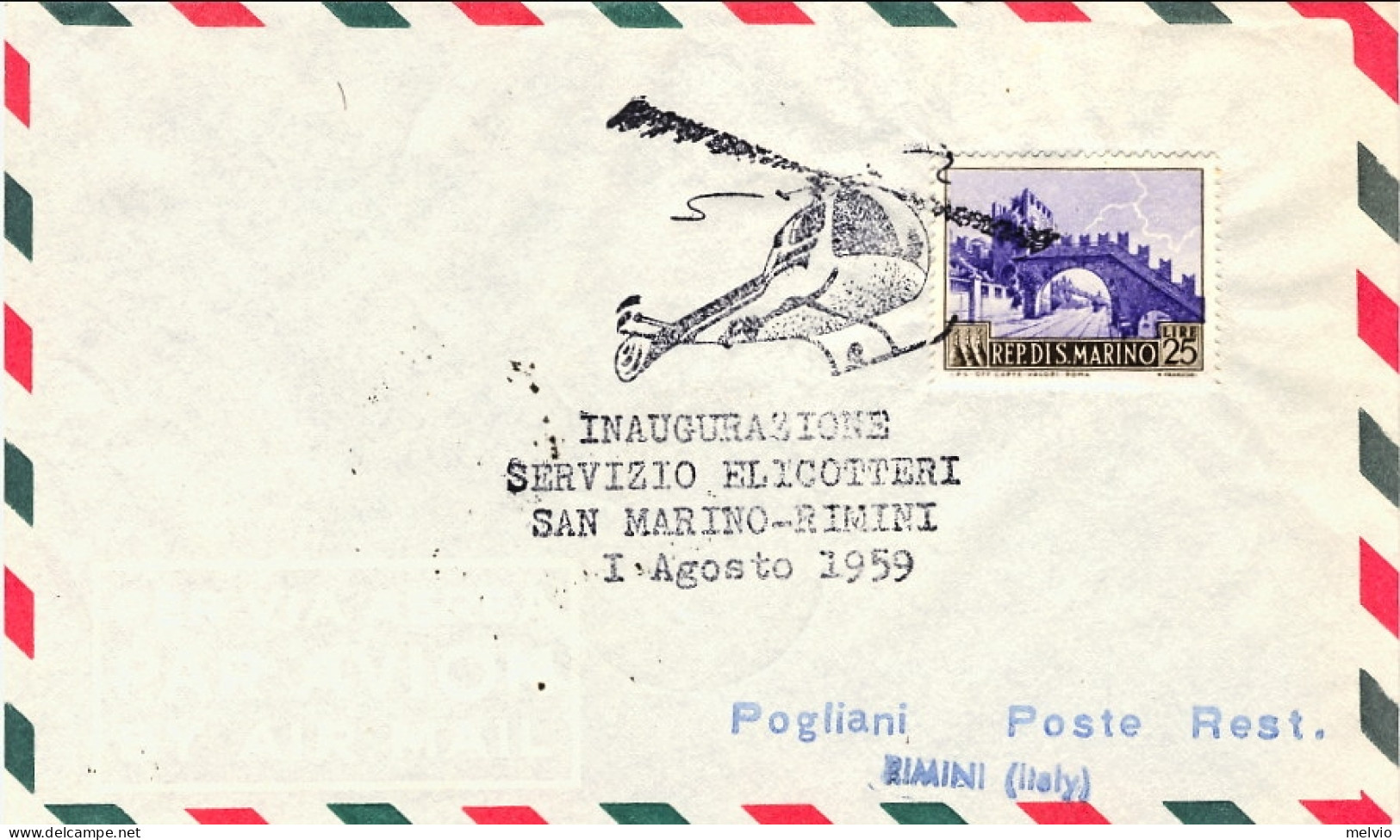 San Marino-1959 Affr. L.25 Bollo Speciale Inaugurazione Servizio Elicotteri San  - Luchtpost