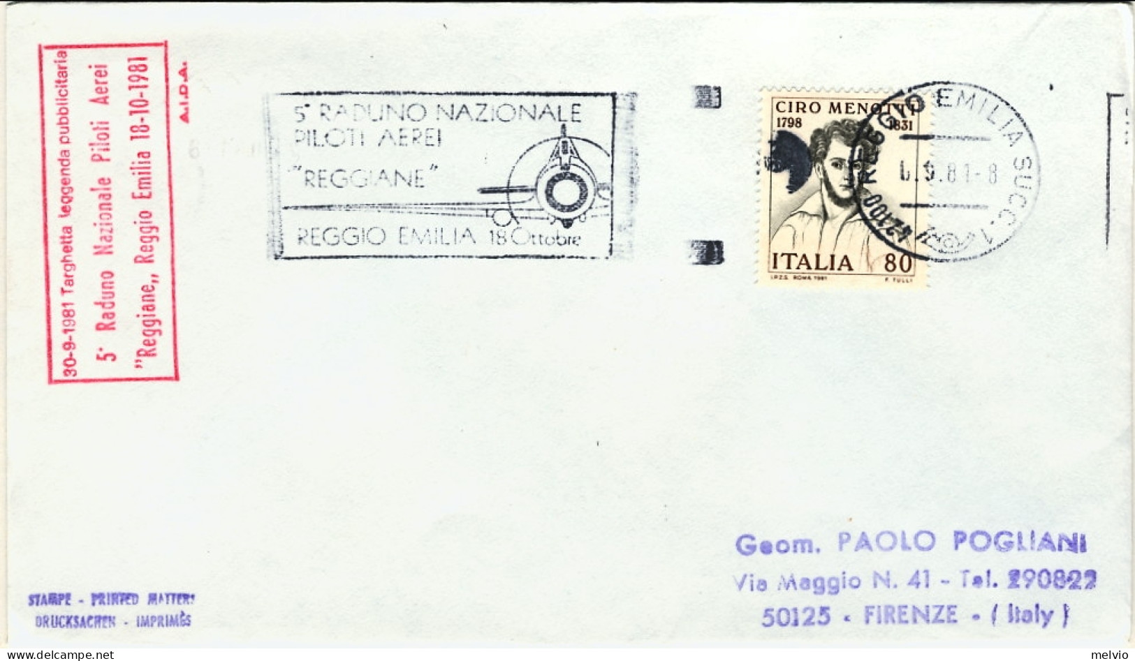 1981-busta Con Bollo 5 Raduno Nazionale Piloti Aerei "Reggiane" - 1981-90: Marcofilie