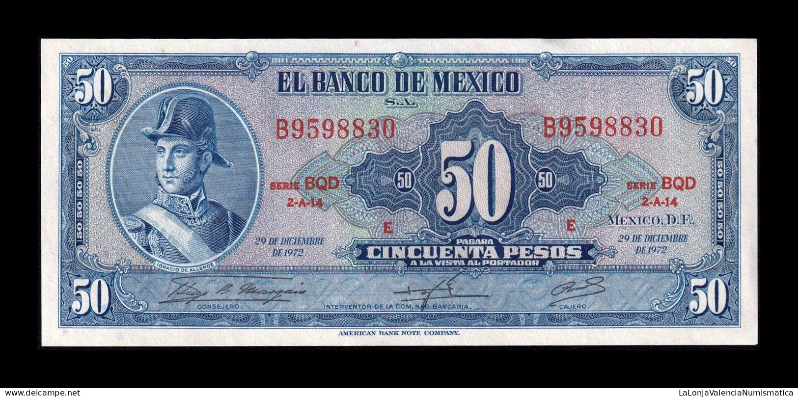 México 50 Pesos 1972 Pick 49u Serie BQD Sc Unc - Mexique