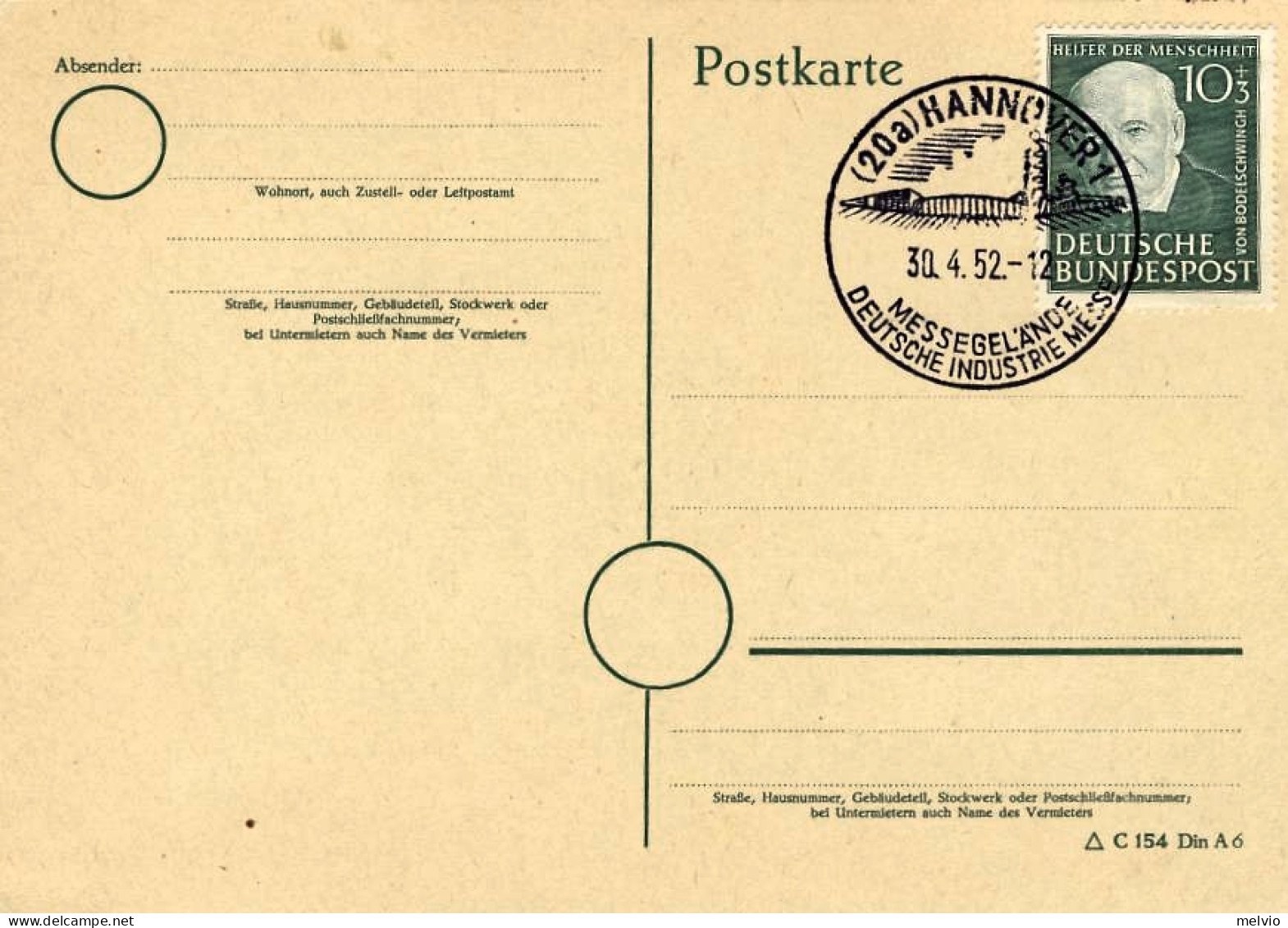 1952-Germania Cartolina Postale Affrancata 10+3p.Bodelschwing Annullo Della Fier - Storia Postale