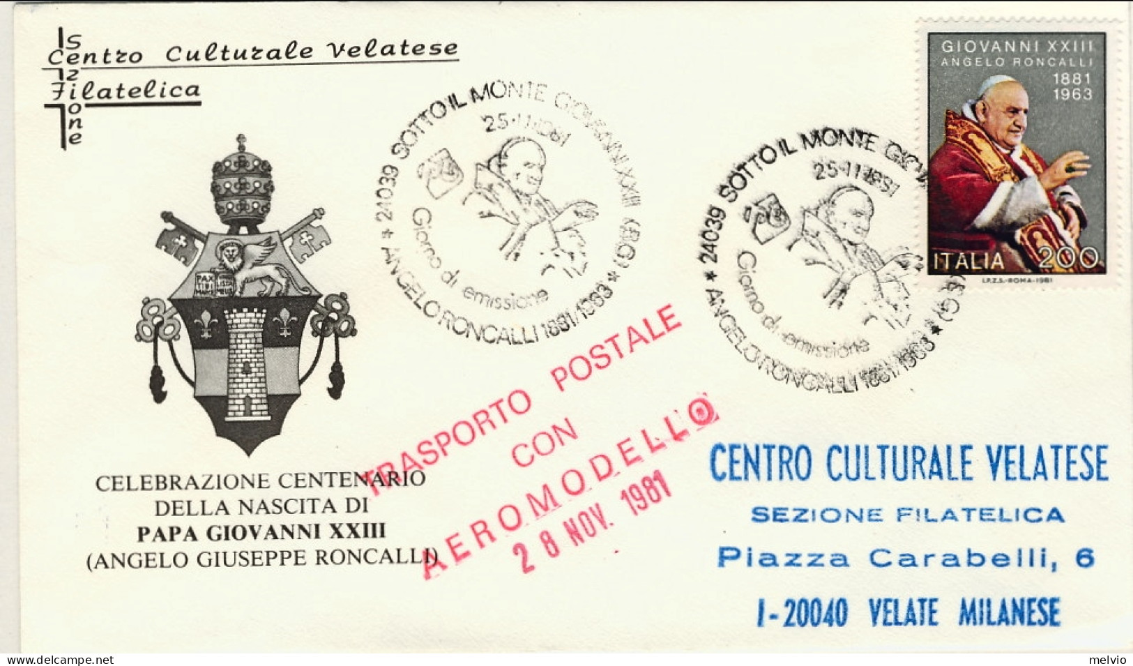 1981-celebrazioni Centenario Della Nascita Di Papa Giovanni XXIII, Trasporto Pos - 1981-90: Marcophilie