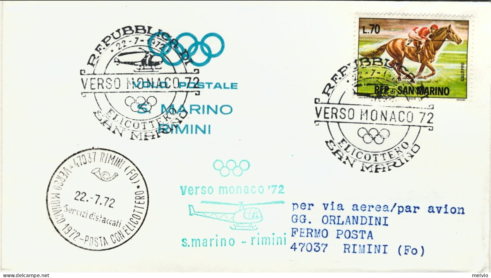 San Marino-1972 Posta Con Elicottero Verso Monaco '72 San Marino-Rimini - Airmail