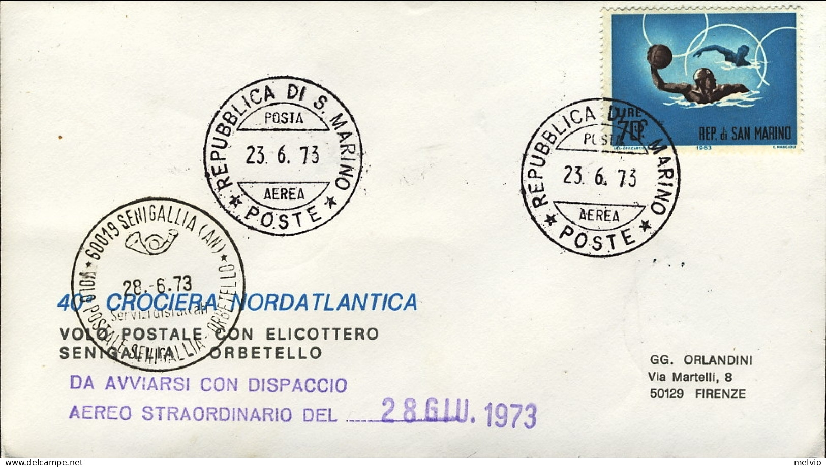 San Marino-1973 40^ Crociera Nordatlantica Volo Postale Con Elicottero Senigalli - Poste Aérienne
