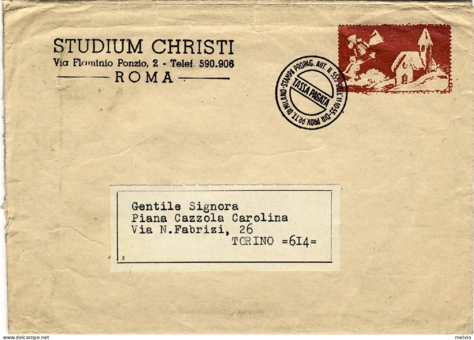 1955-busta Dello Studium Christi Di Roma Spedita A Mezzo Stampe Con Tassa Pagata - Cinderellas