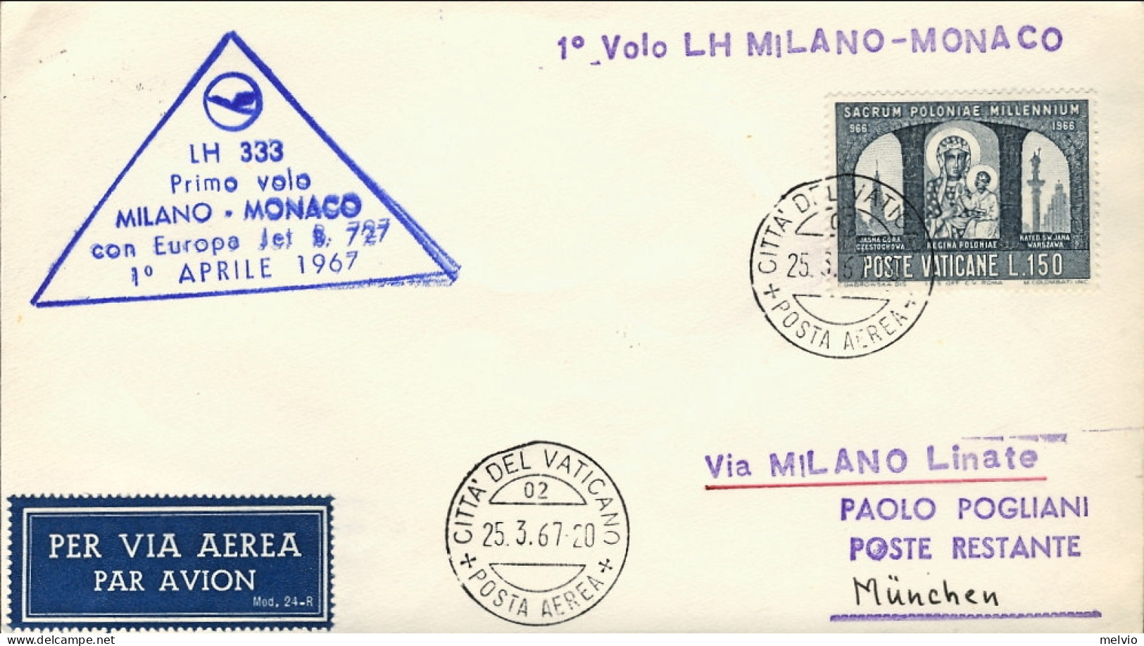 Vaticano-1967 I^volo Lufthansa Milano-Monaco Del 1 Aprile - Poste Aérienne