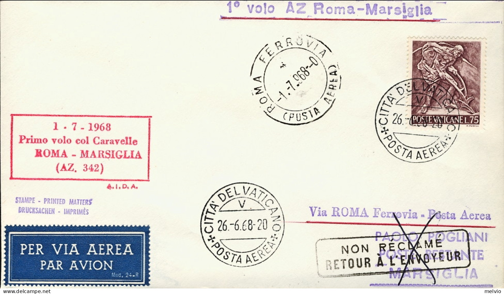 Vaticano-1968 I^volo AZ-342 Per Caravelle Roma-Marsiglia Del 1 Luglio - Poste Aérienne