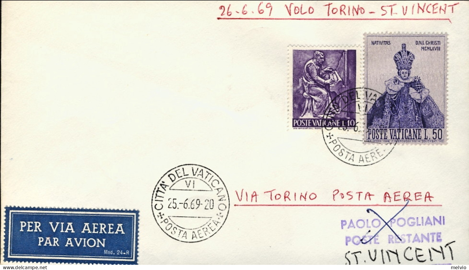Vaticano-1969 Volo Torino Saint Vincent Del 25 Giugno - Poste Aérienne
