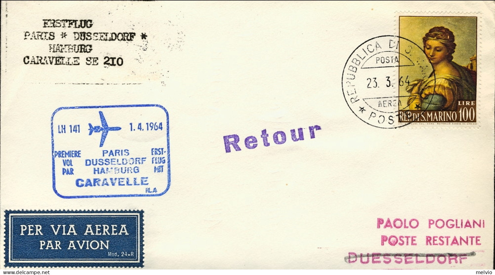 San Marino-1964 I^volo Caravelle LH 141 Parigi Dusseldorf Amburgo Del 1 Aprile - Poste Aérienne