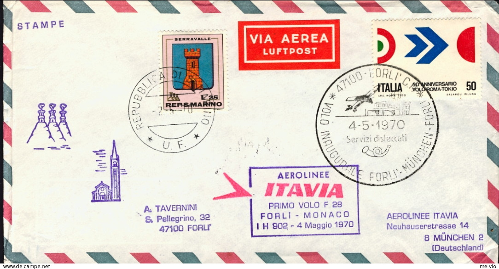 San Marino-1970 I^volo Forli Monaco Itavia Illustrato Del 4 Maggio Con Firma Del - Airmail