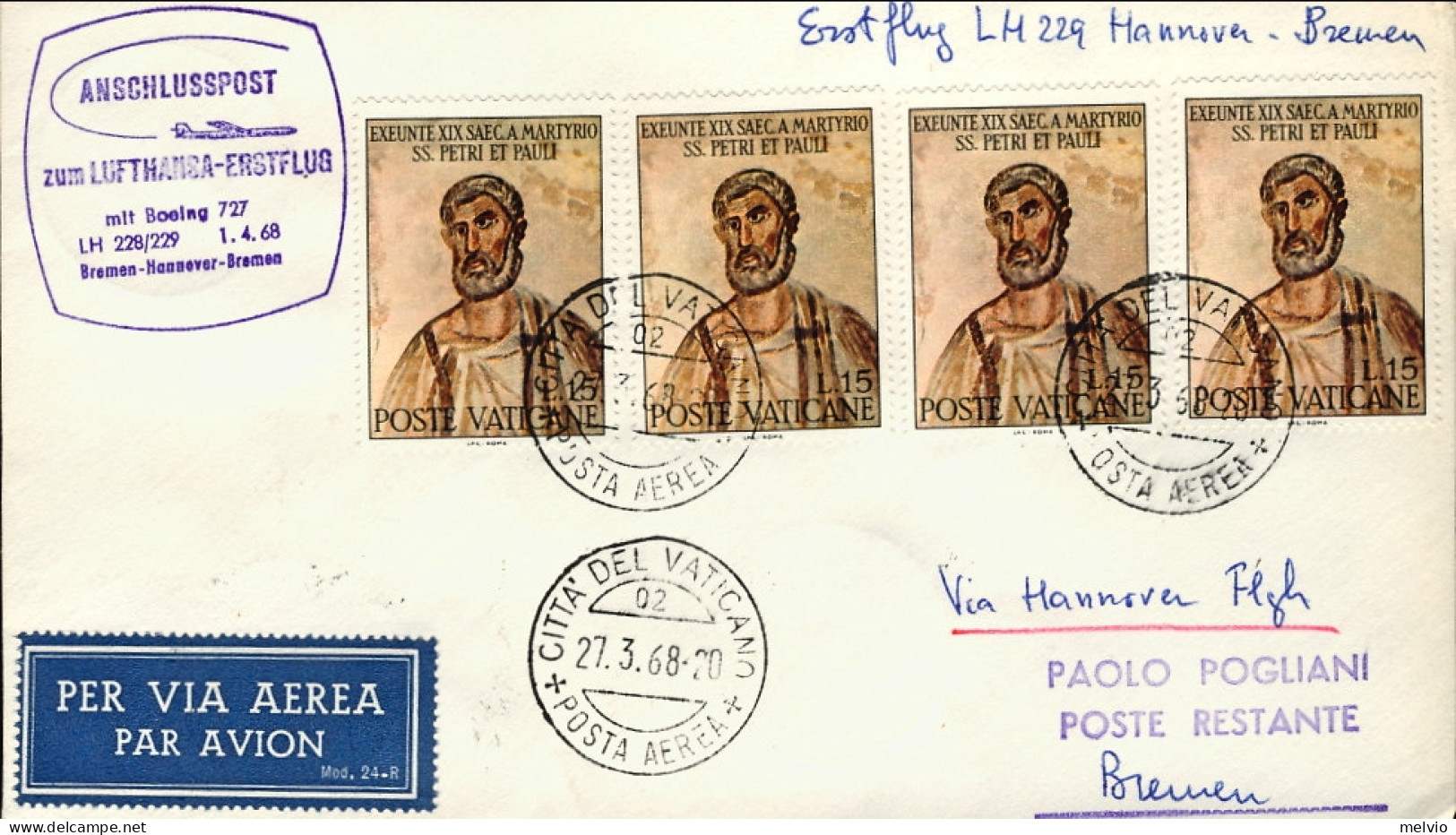 Vaticano-1968 I^volo Lufthansa Boeing 737 Hannover Brema Del 1 Aprile - Airmail