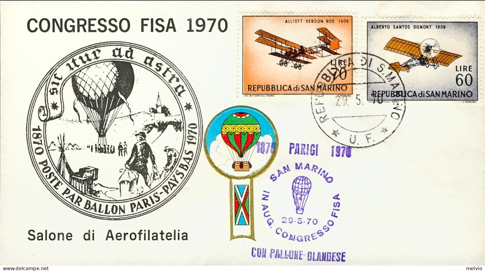 San Marino-1970 Congresso FISA Salone Di Aerofilatelia Ascensione Con Pallone Ol - Poste Aérienne