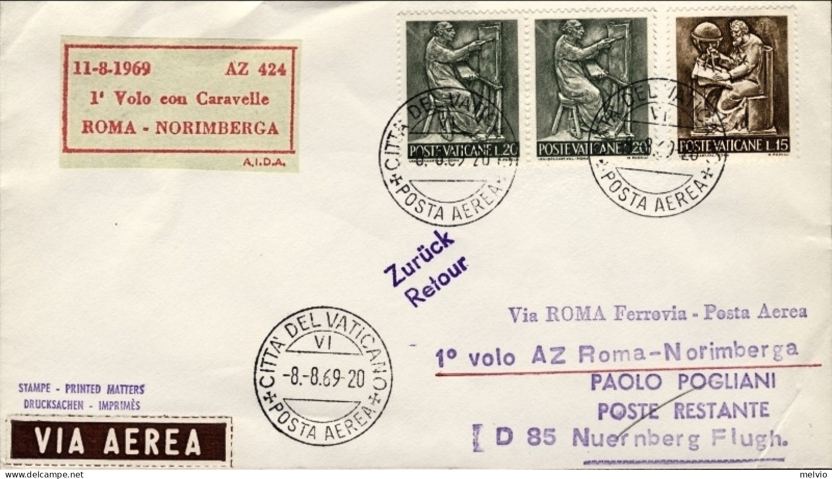 Vaticano-1969 I^volo Con Caravelle Roma-Norimberga Dell'11 Agosto (20 Pezzi Tras - Poste Aérienne