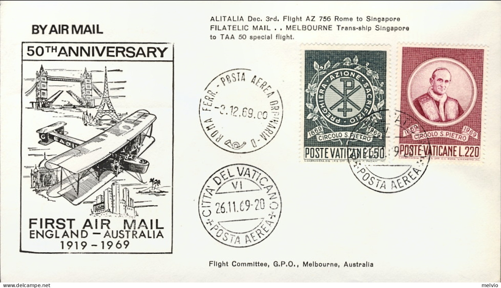 Vaticano-1969 Per Il 50^ Anniversario I^volo Postale Inghilterra Australia,volo  - Poste Aérienne
