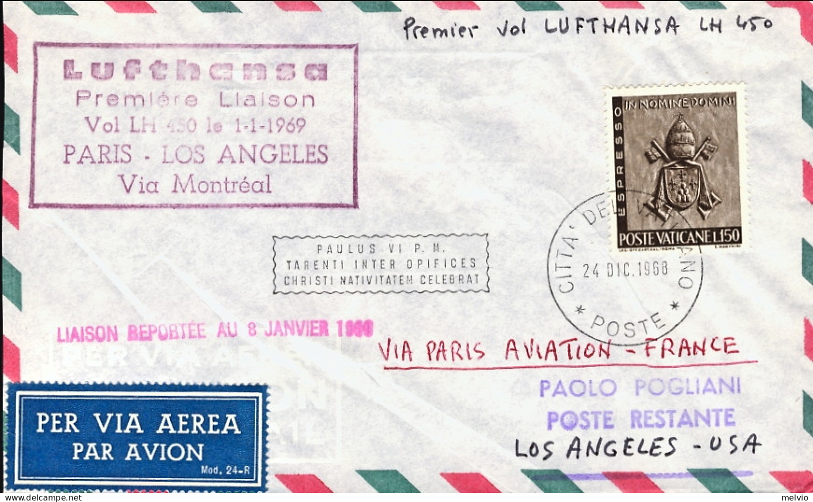 Vaticano-1968 I^volo Lufthansa LH 450 Parigi Los Angeles Via Montreal Del 1 Genn - Aéreo