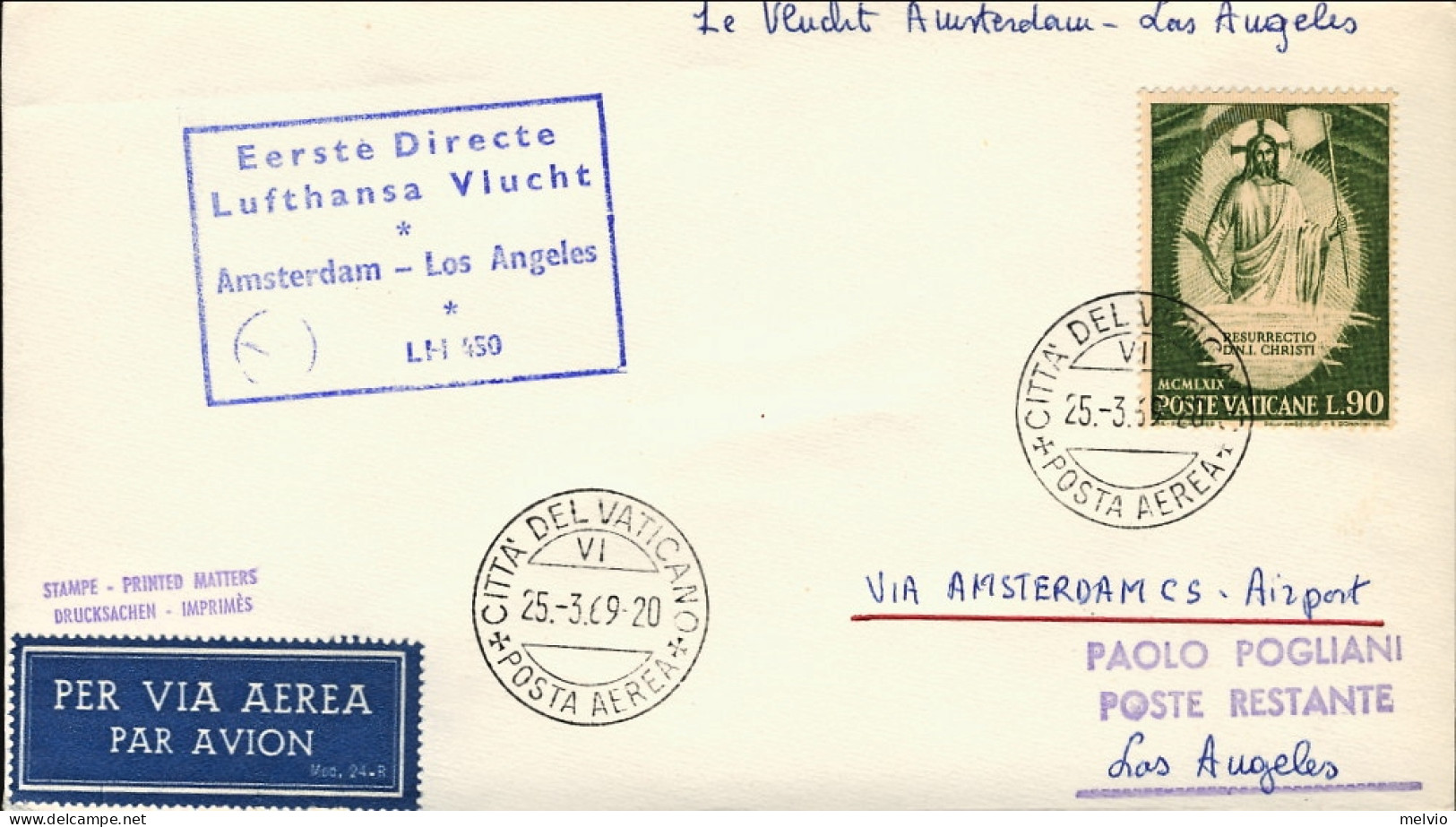 Vaticano-1969 I^volo Lufthansa LH 450 Amsterdam Los Angeles Del 1 Aprile - Poste Aérienne