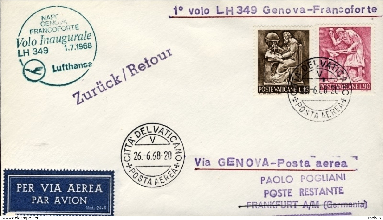 Vaticano-1968 I^volo Lufthansa LH 349 Genova Francoforte Del 1 Luglio (50 Pezzi  - Poste Aérienne