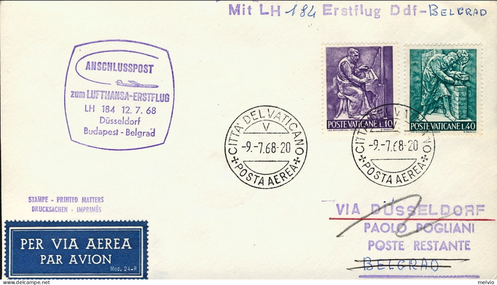 Vaticano-1968 I^volo Lufthansa LH 184 Dusseldorf Belgrado Del 12 Luglio - Airmail