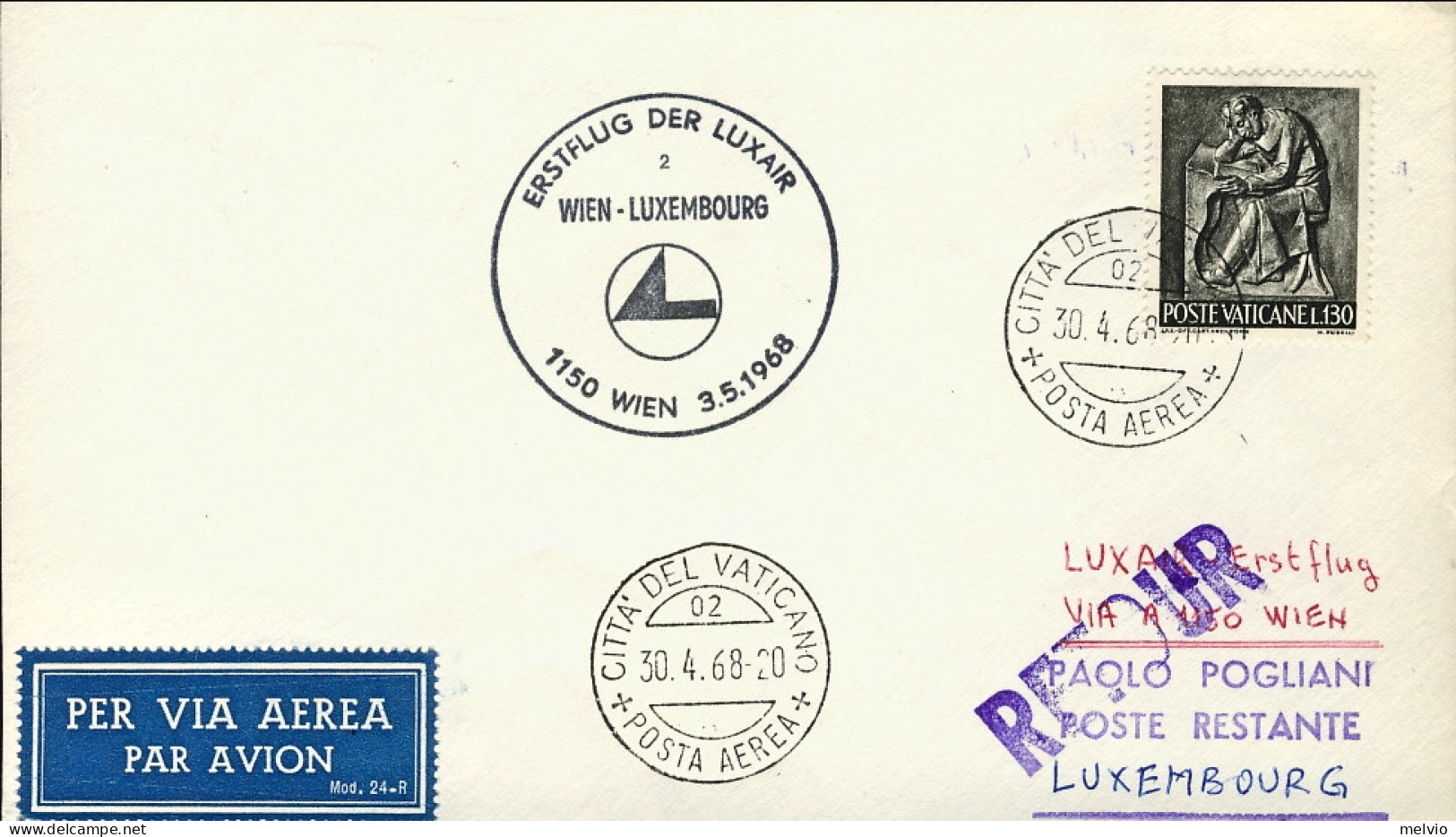 Vaticano-1968 I^volo Luxair Vienna Lussemburgo Del 3 Maggio - Airmail