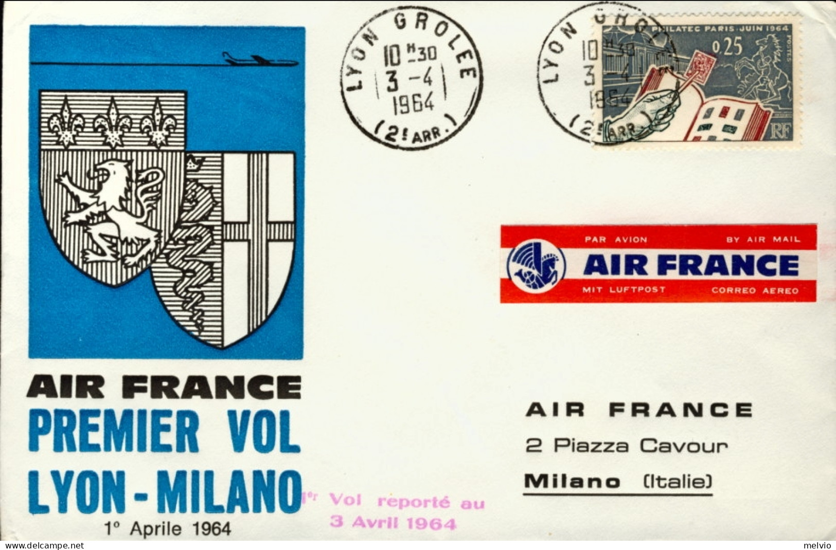 1964-France Francia I^volo Air France Lione Milano Del 1 Aprile (volo Rimandato  - 1961-....