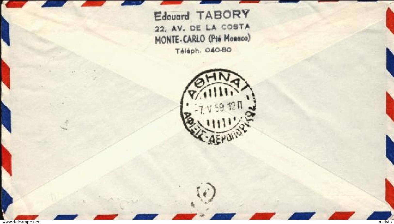 1959-Monaco Bollo Viola I^volo Air France Caravelle Montecarlo-Atene Del 6 Maggi - Cartas & Documentos