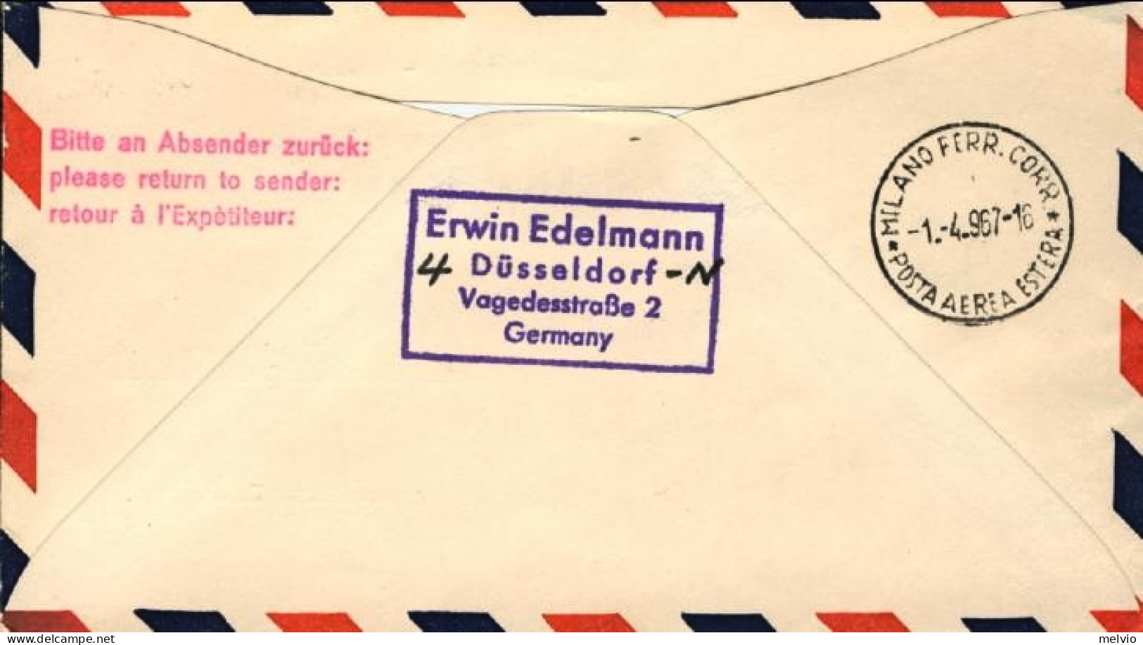 1967-Germania Berlino I^volo Lufthansa Monaco Milano LH 332 Del 1 Aprile, Bollo  - Covers & Documents