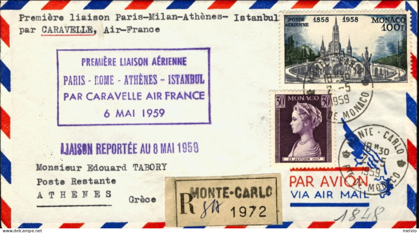 1959-Monaco Cat.Pellegrini N.941 Euro 75, I^volo Air France Caravelle Montecarlo - Storia Postale