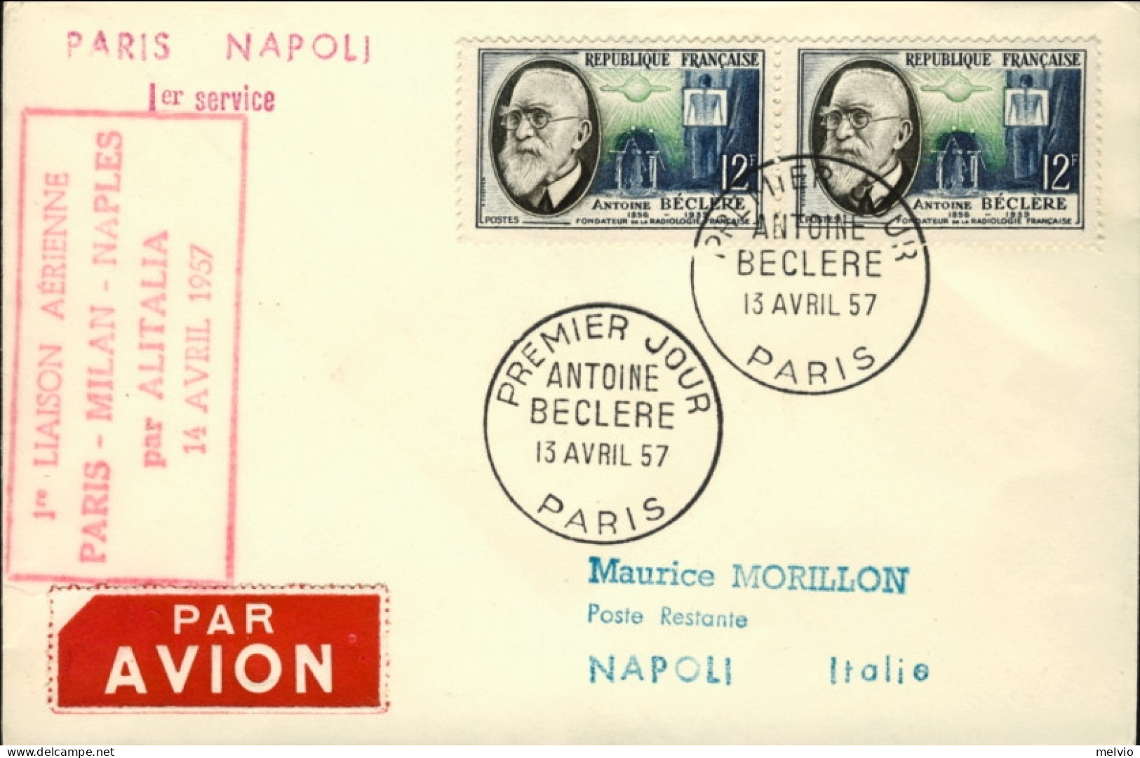 1957-France Francia Con Bollo Rosso I^volo Alitalia Parigi Milano Napoli Del 14  - 1921-1960: Modern Period
