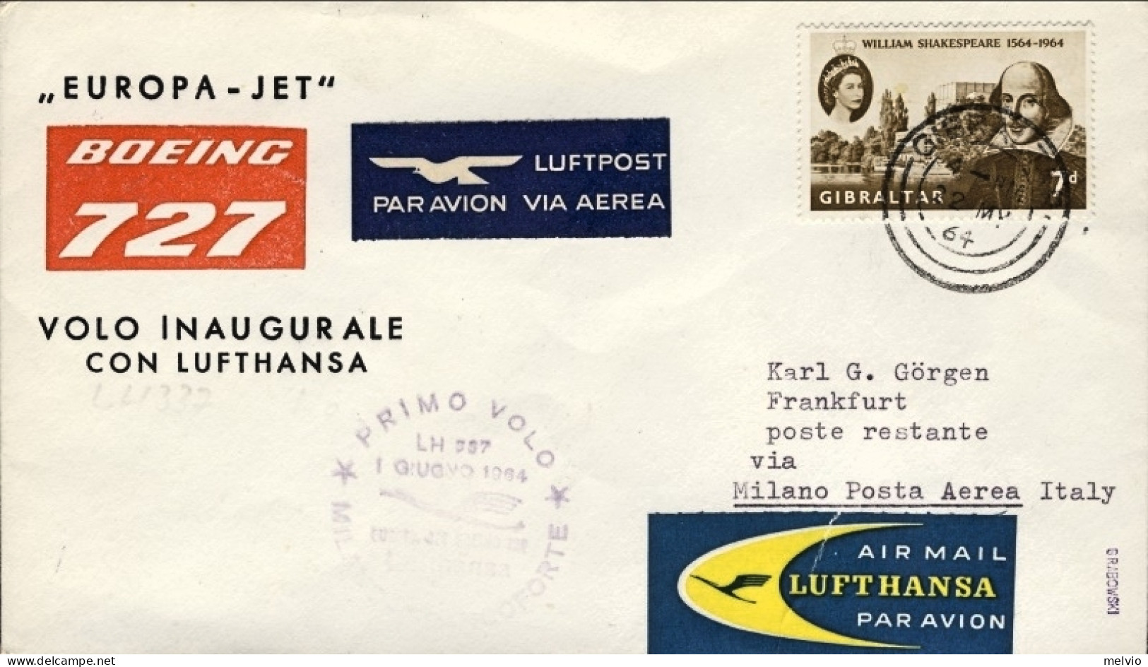 1964-Gibilterra I^volo Lufthansa LH 337 Milano Francoforte Europa Jet Del 1 Giug - Gibraltar