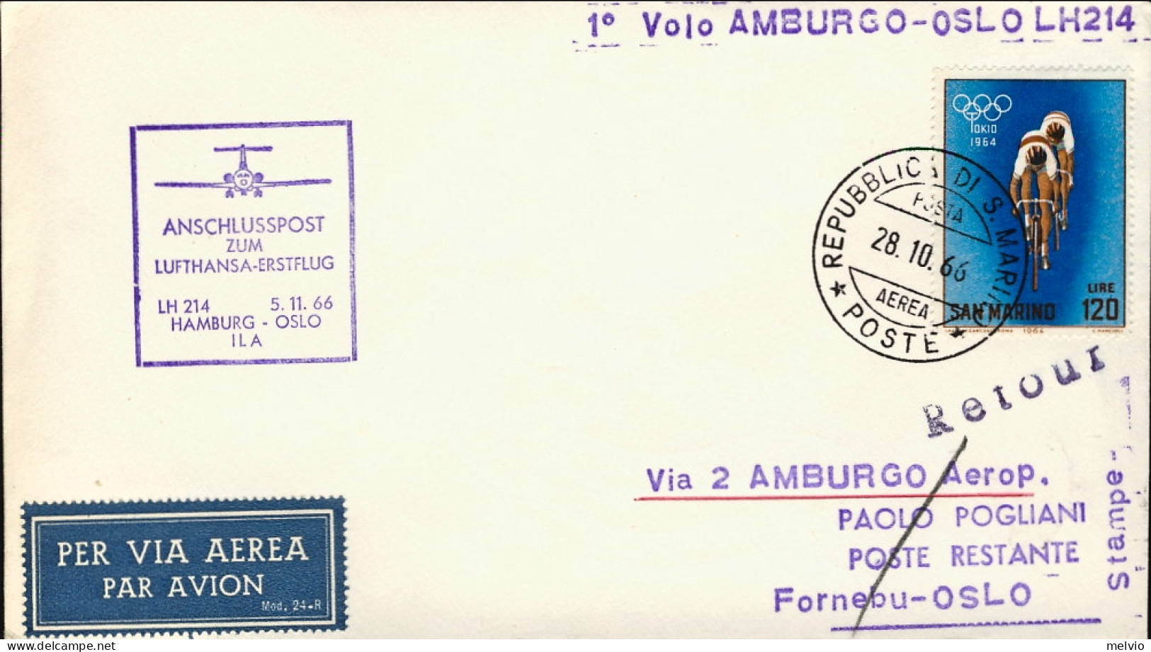 San Marino-1966 I^volo Lufthansa Amburgo Oslo Del 5 Novembre - Poste Aérienne