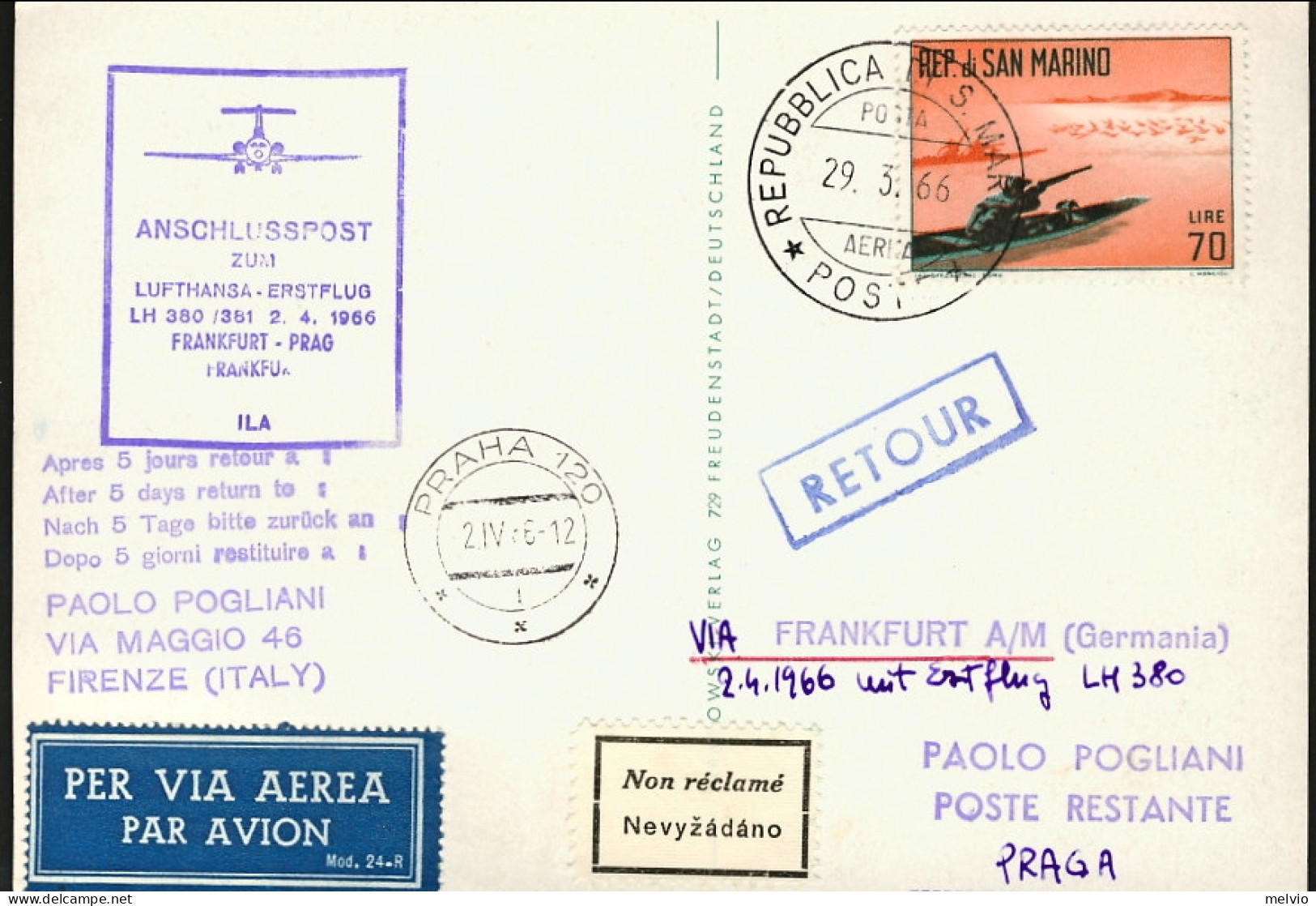 San Marino-1966 Cartolina 50^ Anniversario Posta Aerea Tedesca, I^volo Lufthansa - Posta Aerea