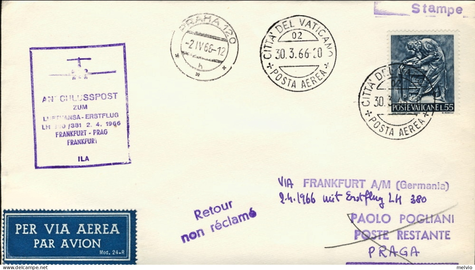 Vaticano-1966 I^volo Lufthansa LH 380/381 Francoforte Praga Del 2 Aprile - Poste Aérienne