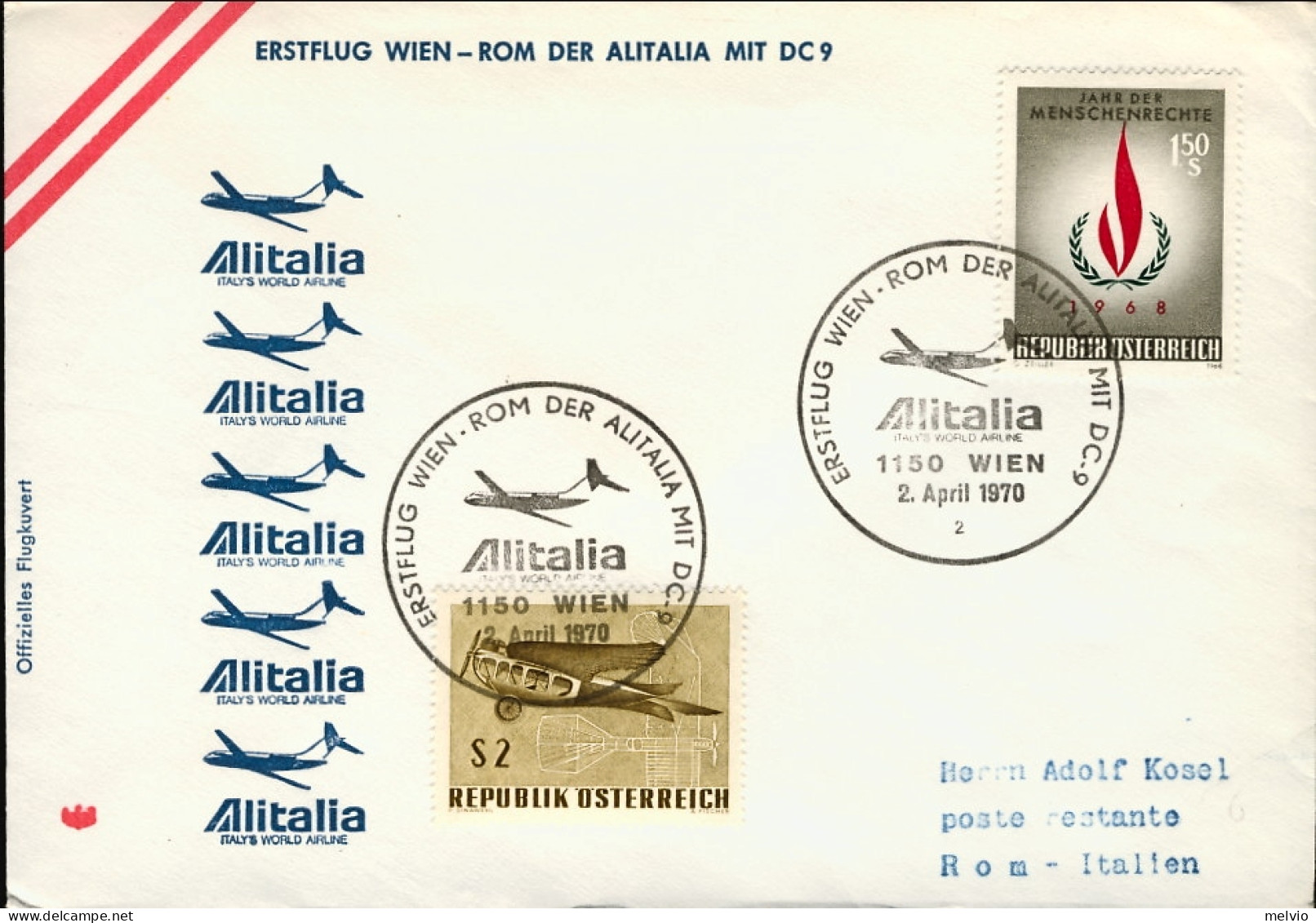 1970-Austria Alitalia I^volo DC 9 Vienna Roma Del 2 Aprile, 90 Pezzi Trasportati - Sonstige & Ohne Zuordnung