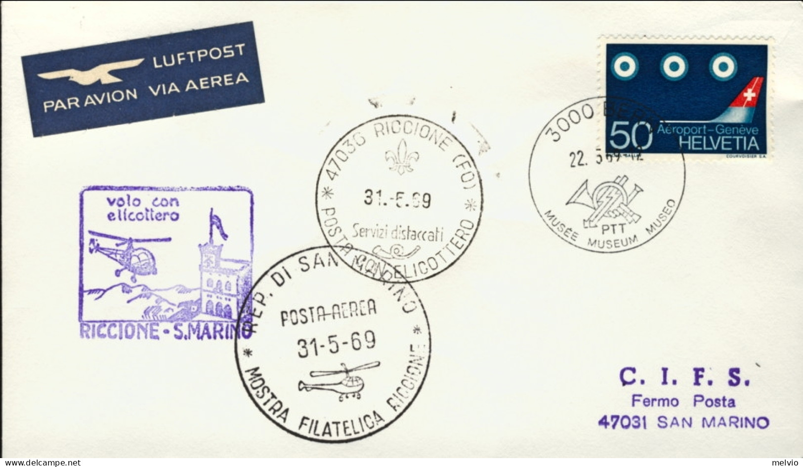 1969-Svizzera Volo Con Elicottero Riccione San Marino Del 31 Maggio In Occasione - Storia Postale