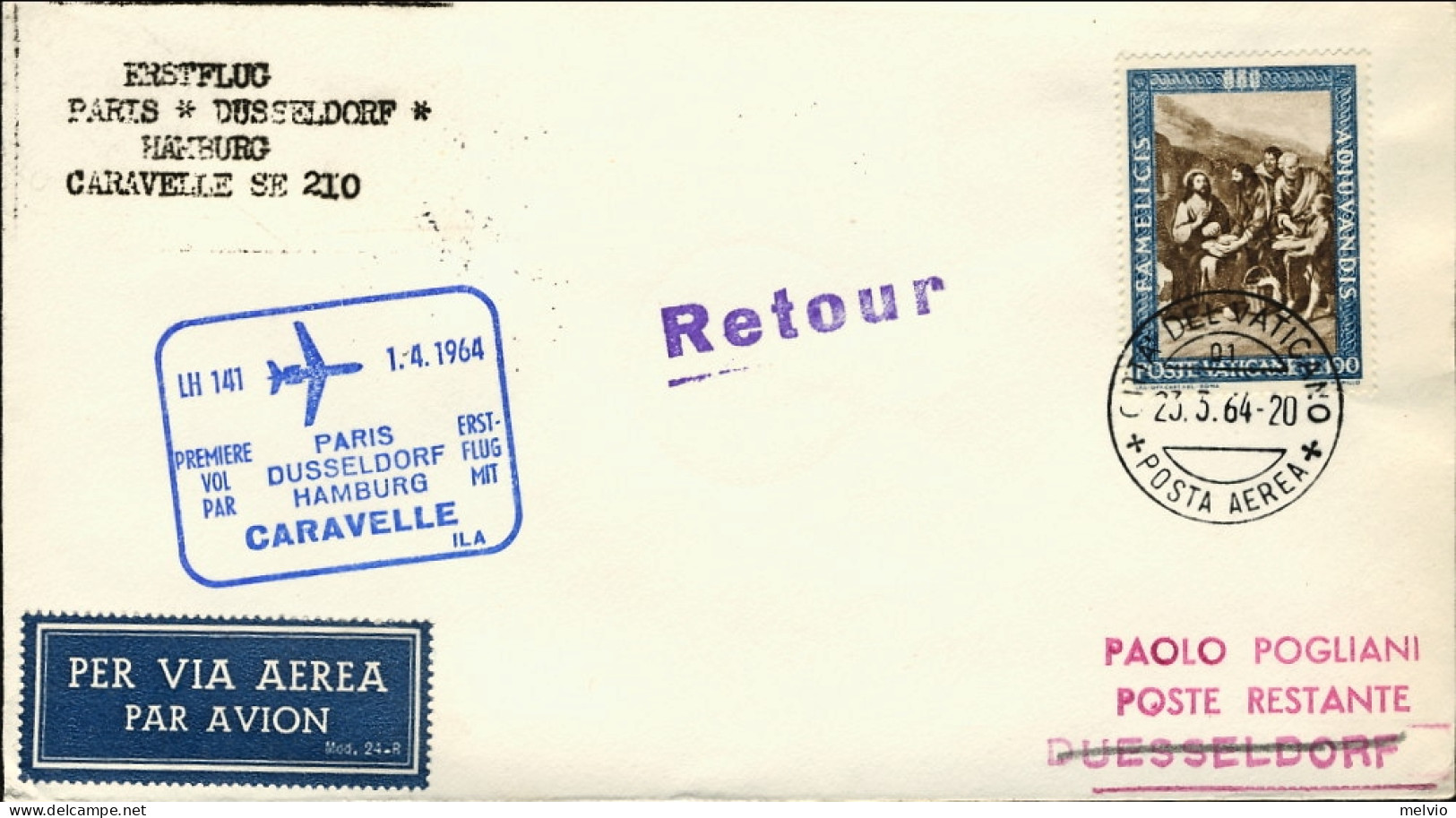 Vaticano-1964 I^volo Caravelle LH 141 Parigi Dusseldorf Amburgo Del 1 Aprile - Poste Aérienne
