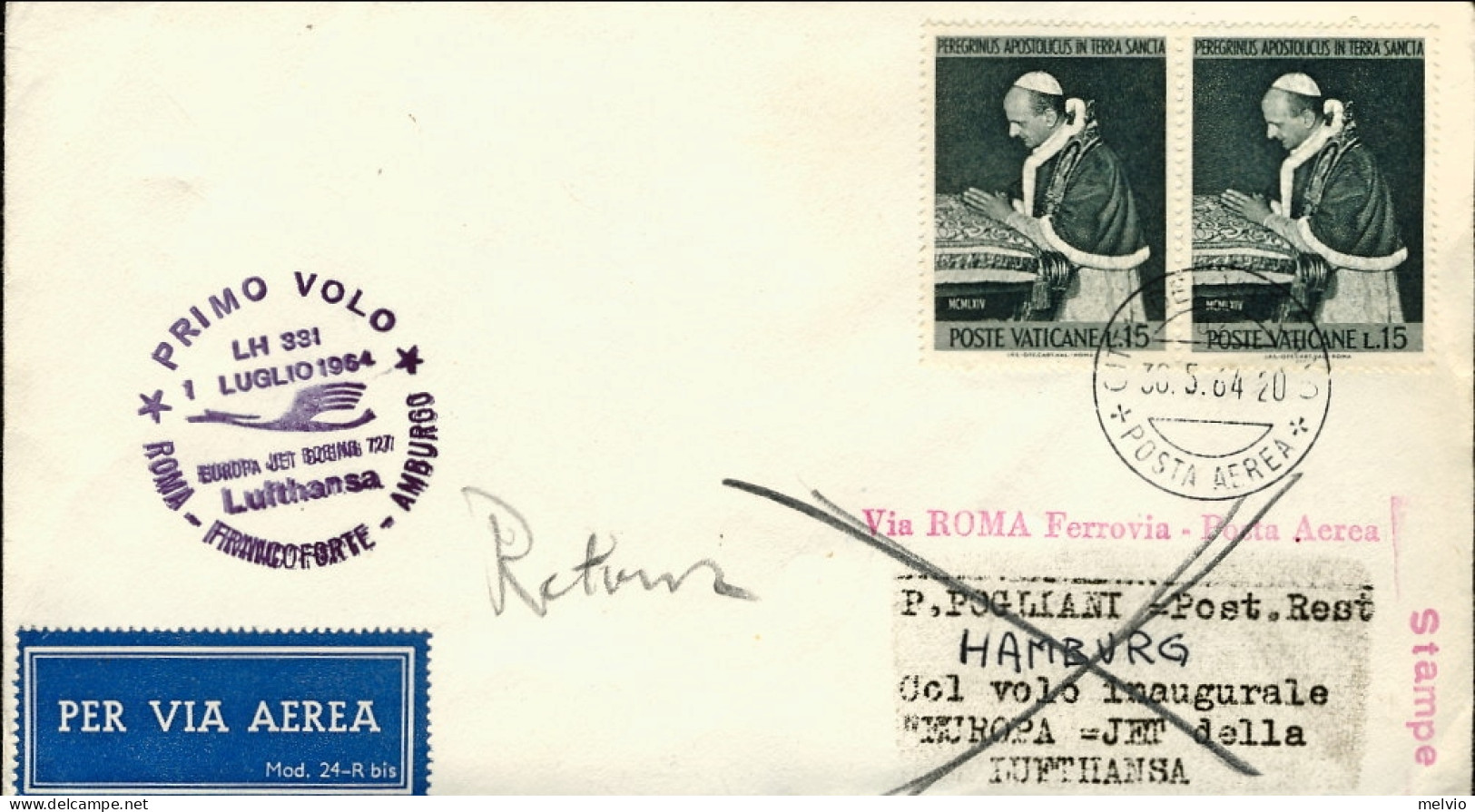 Vaticano-1964 I^volo Lufthansa LH 331 Roma Amburgo Del 1 Luglio - Airmail