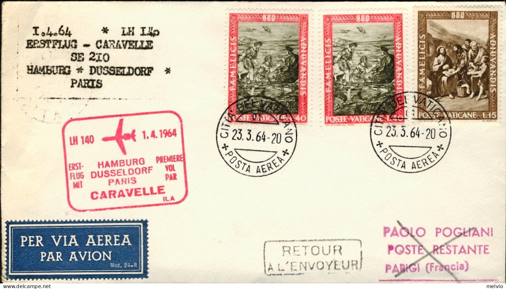 Vaticano-1964 I^volo Caravelle LH 140 Amburgo Dusseldorf Parigi Del 1 Aprile - Posta Aerea