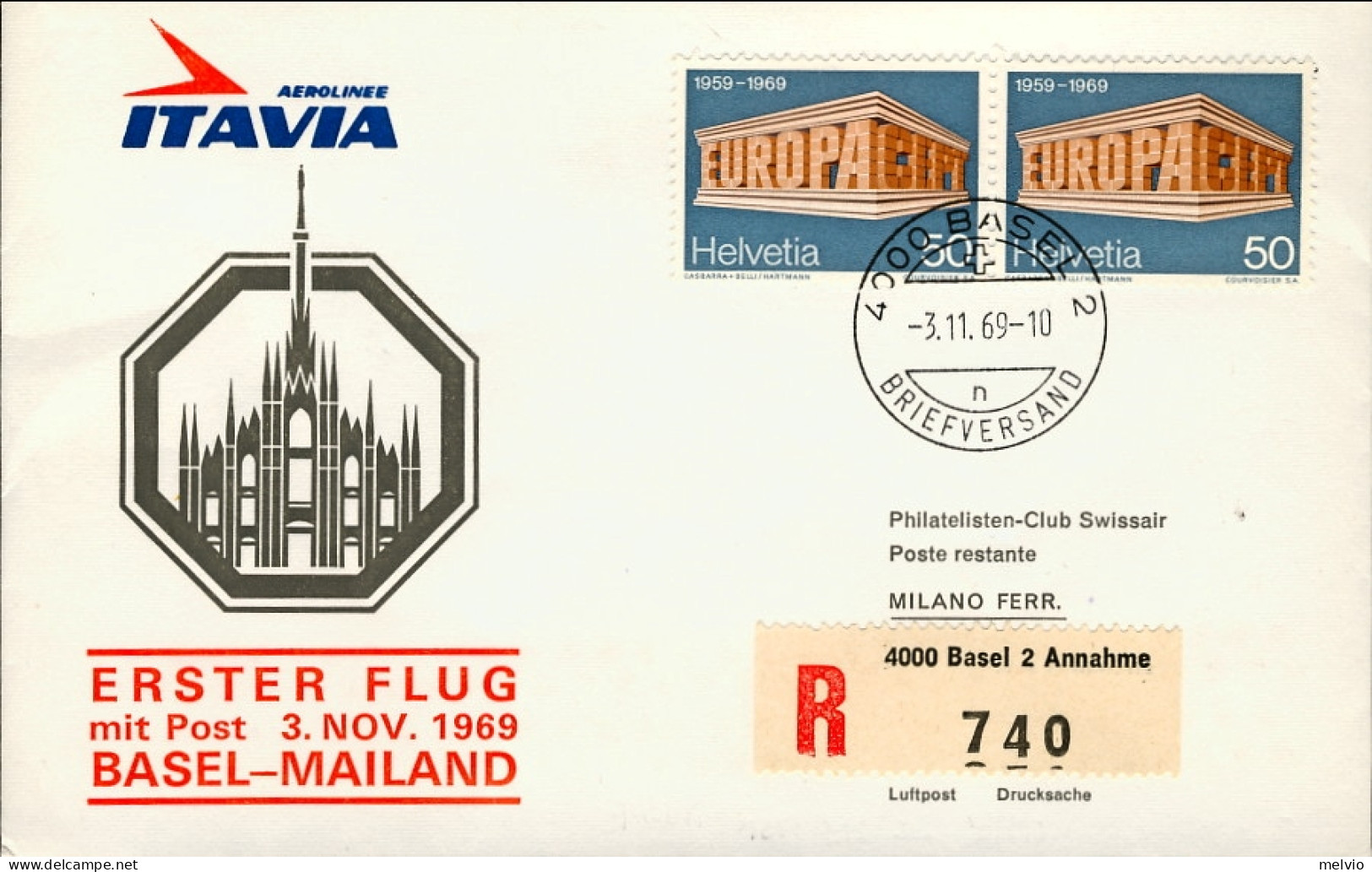 1969-Svizzera Itavia Raccomandata I^volo Basilea Milano Del 3 Novembre - Covers & Documents