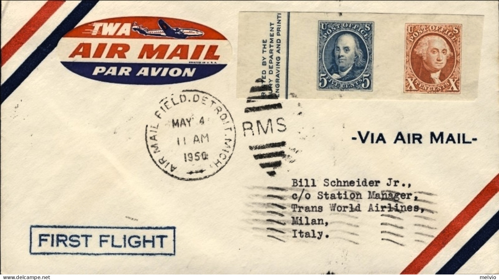 1950-U.S.A. Aerogr.TWA Non Catalogato Dal Pellegrini, I^volo Detroit (air Mail F - Other & Unclassified
