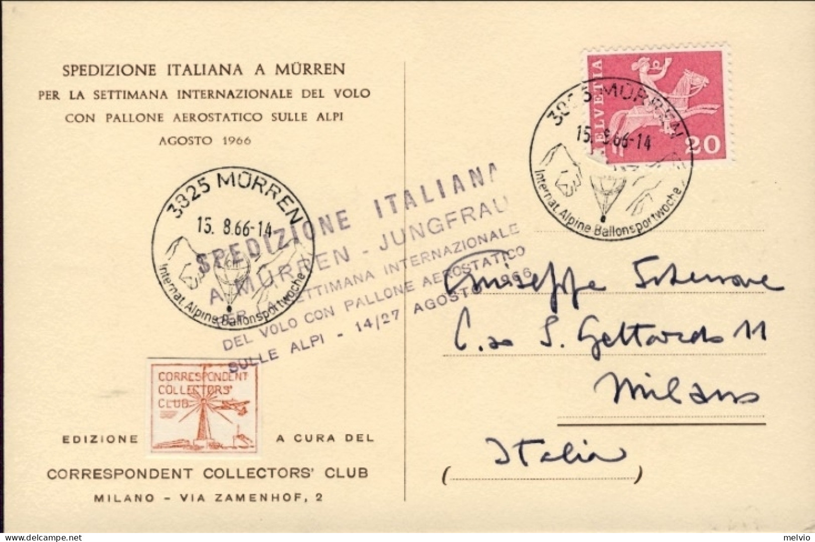 1966-Svizzera Cartolina Spedizione Italiana A Murren Jungfrau Per La Settimana I - First Flight Covers