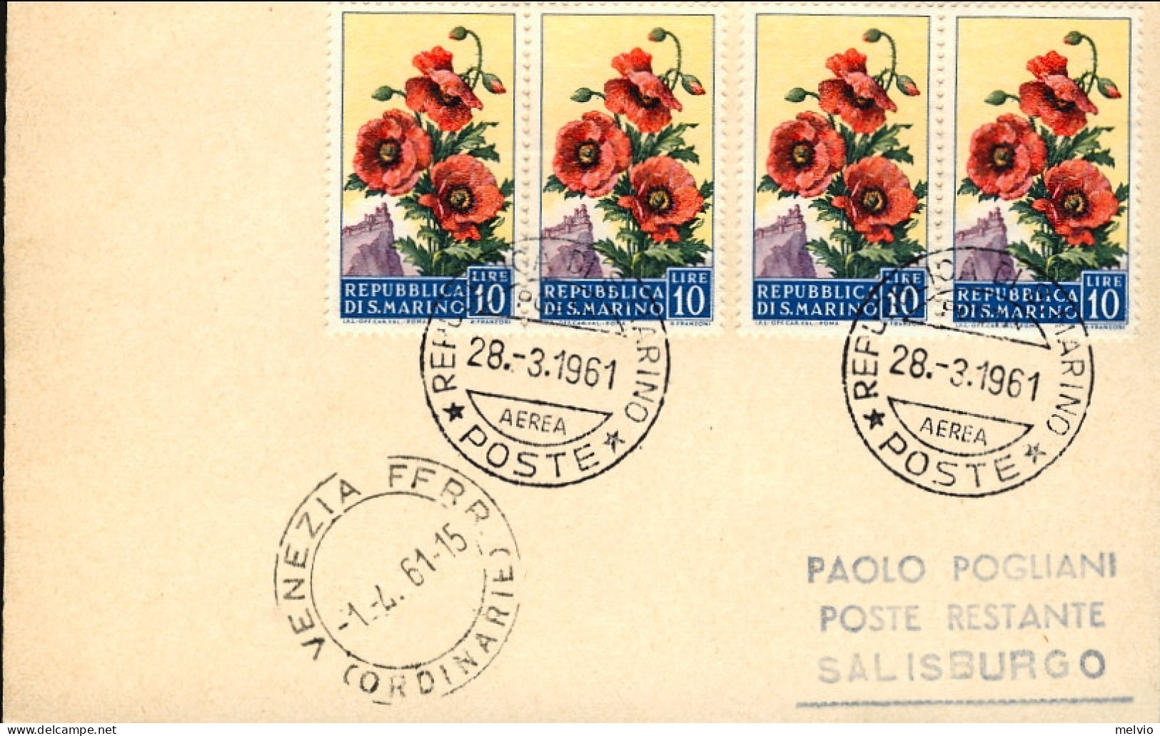 San Marino-1961 I^volo AUA Venezia Salisburgo Del 1 Aprile (40 Pezzi Trasportati - Poste Aérienne