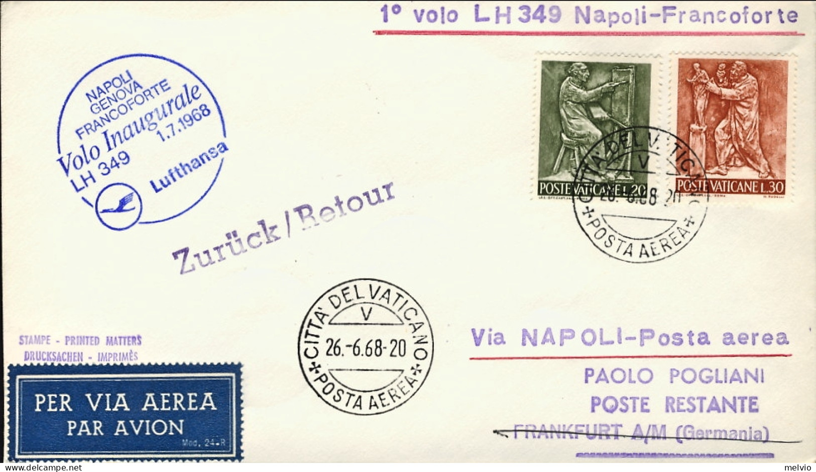 Vaticano-1968 I^volo Lufthansa LH 349 Napoli Francoforte Del 1 Luglio - Poste Aérienne