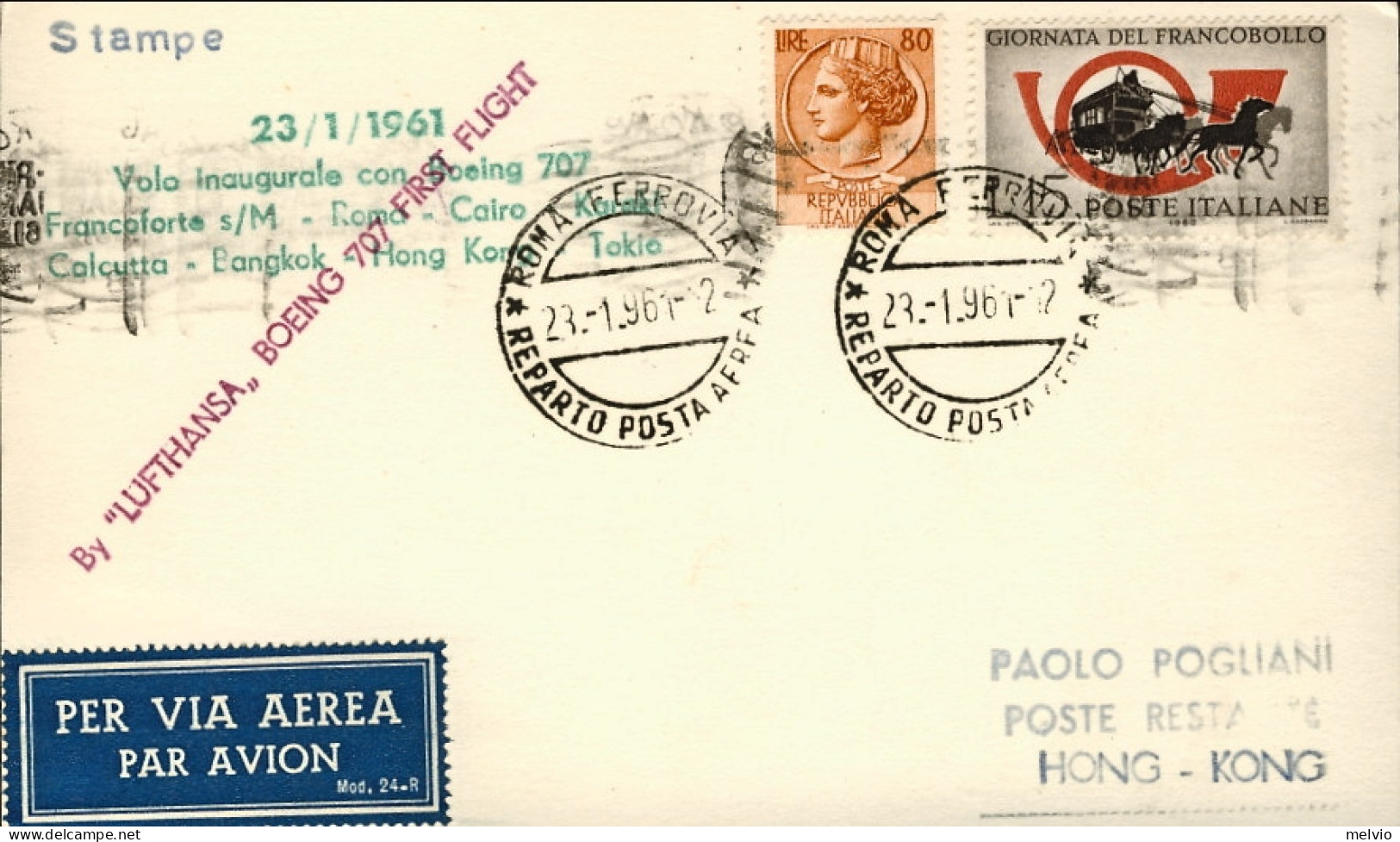 1961-cartoncino Lufthansa I^volo Boeing 707 Roma-Hong Kong Del 23 Gennaio - Storia Postale