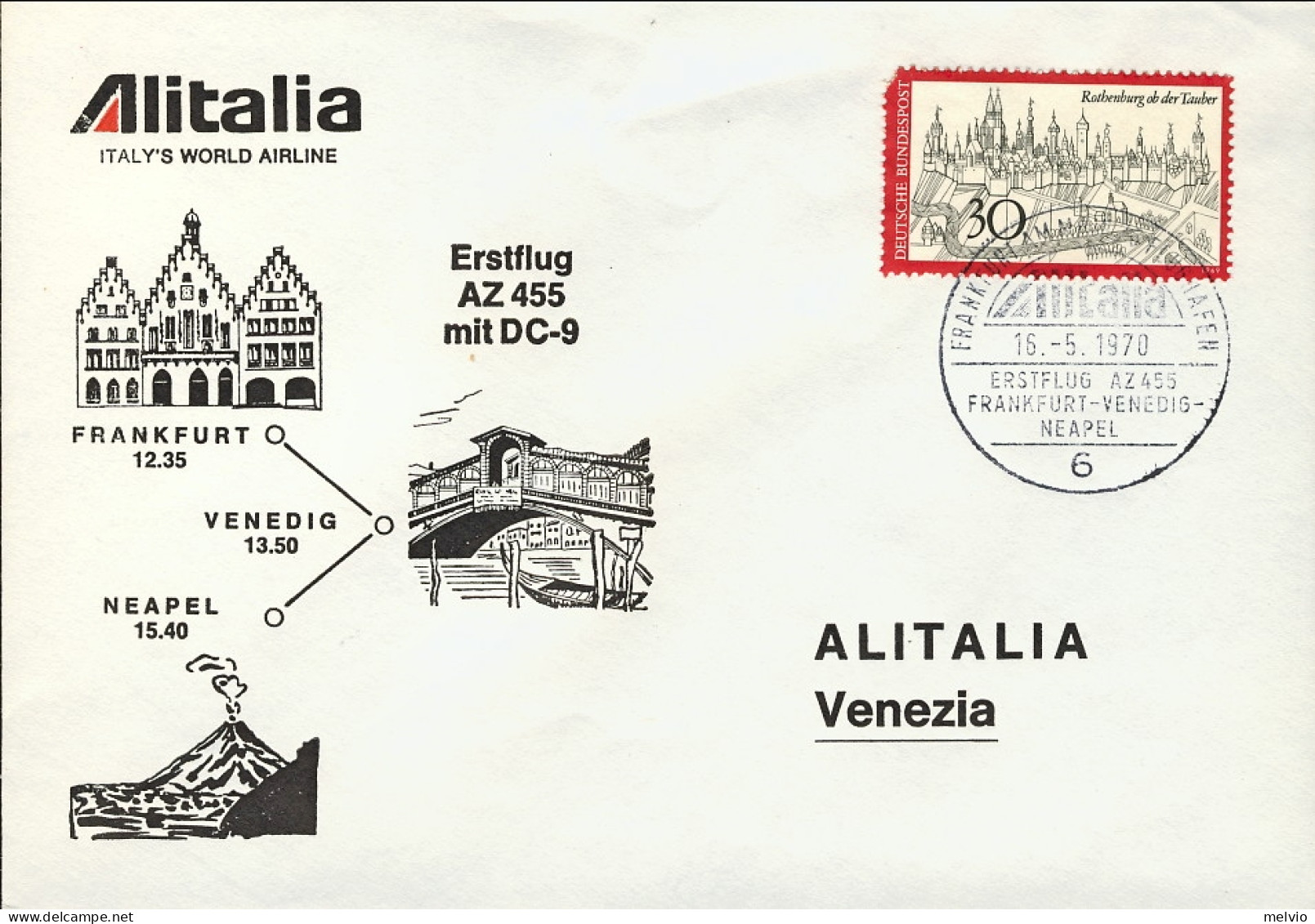 1970-Germania Alitalia Illustrato I^volo Con DC 9 Francoforte Venezia Del 15 Mag - Lettres & Documents