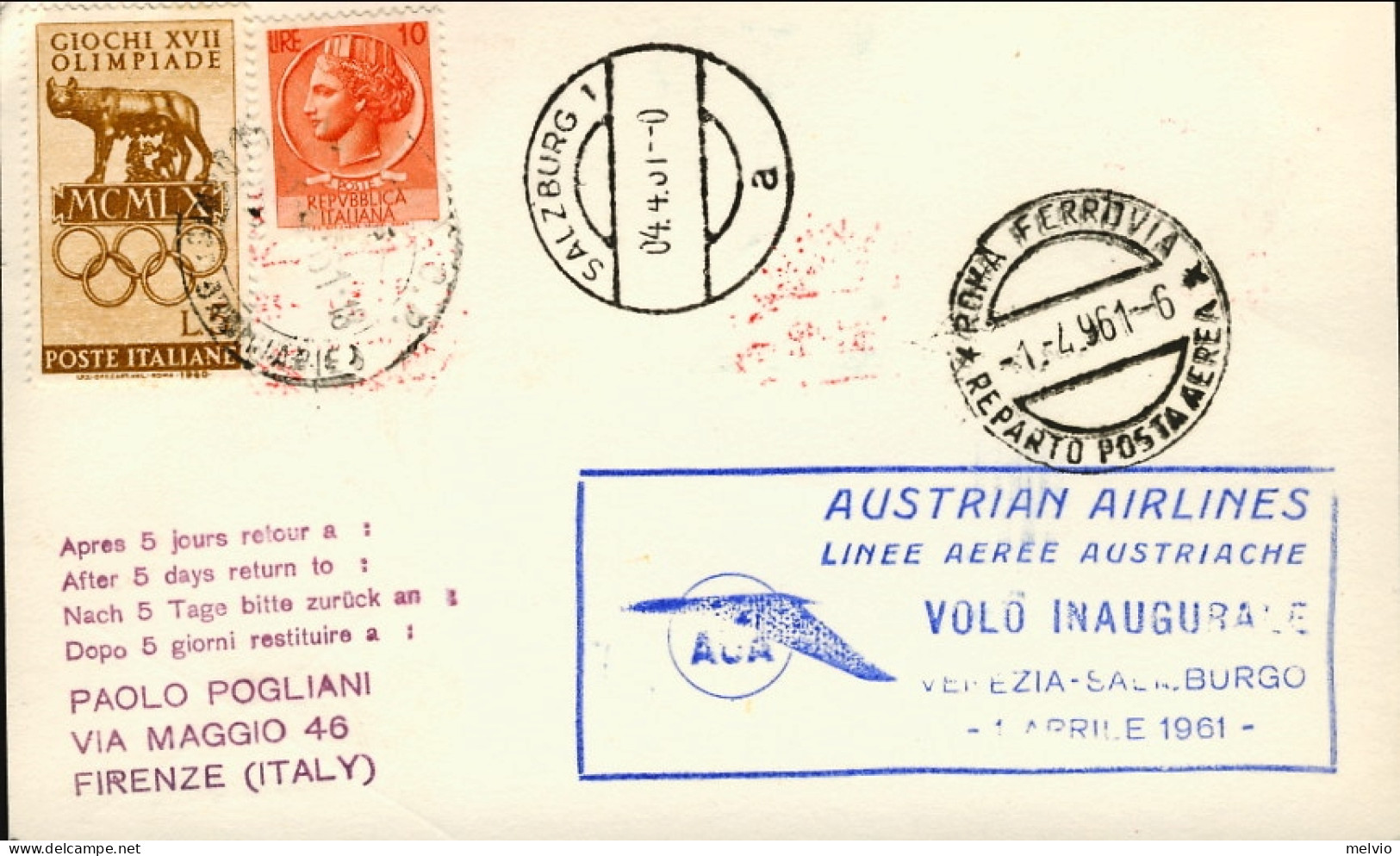 Vaticano-1961 Cartoncino In Affrancatura Mista I^volo AUA Venezia Salisburgo Del - Airmail