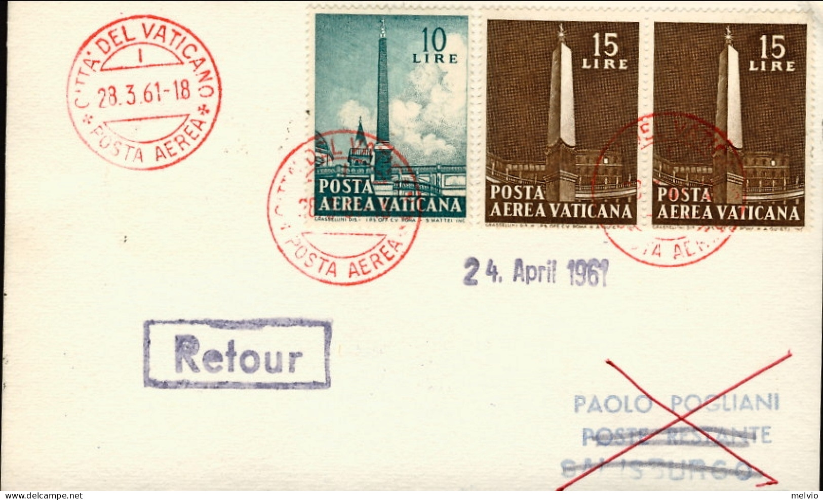 Vaticano-1961 Cartoncino In Affrancatura Mista I^volo AUA Venezia Salisburgo Del - Airmail