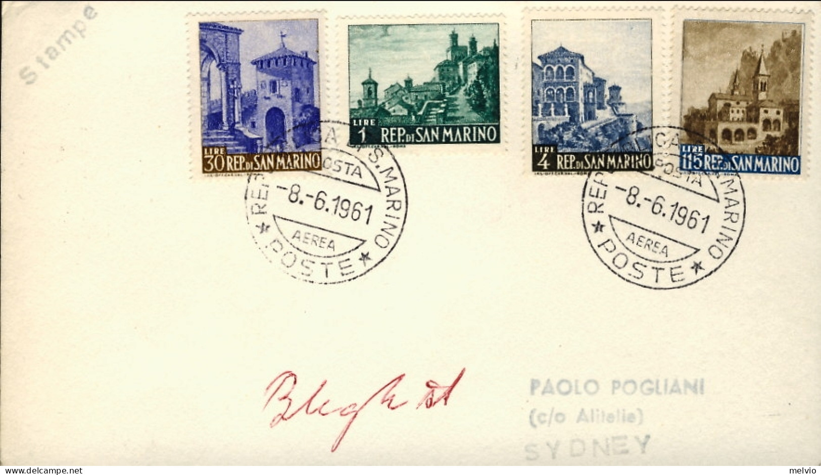 San Marino-1961 Cartoncino I^volo Alitalia Roma Sydney Del 14 Giugno - Poste Aérienne