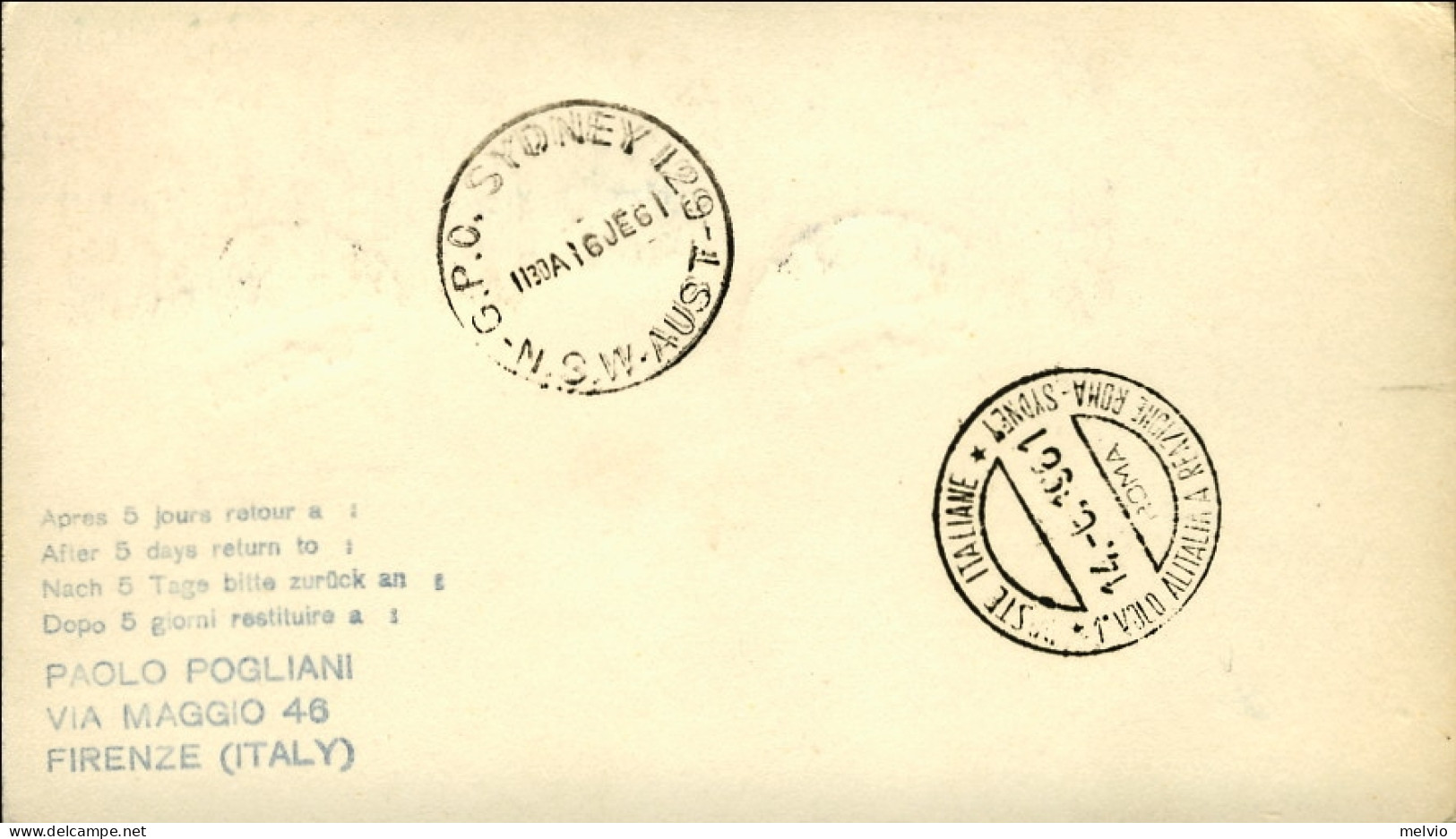 San Marino-1961 Cartoncino I^volo Alitalia Roma Sydney Del 14 Giugno - Airmail