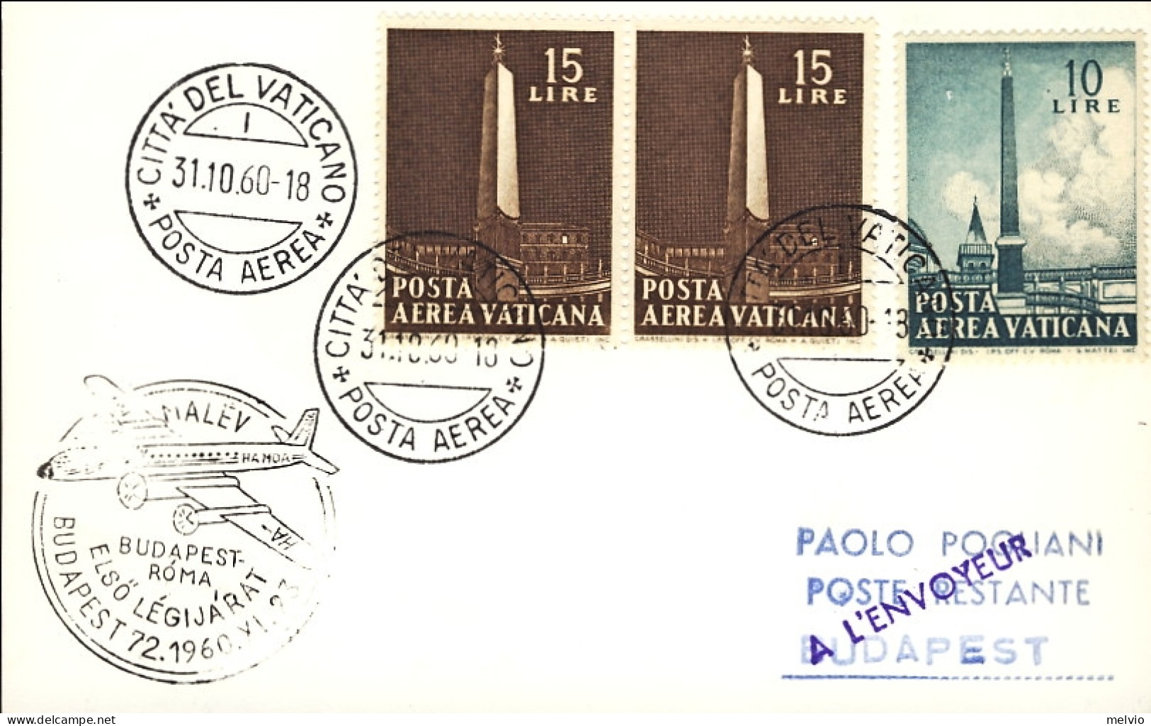 Vaticano-1960 Cartoncino Volo Speciale Malev Roma Budapest Del 23 Novembre - Luftpost