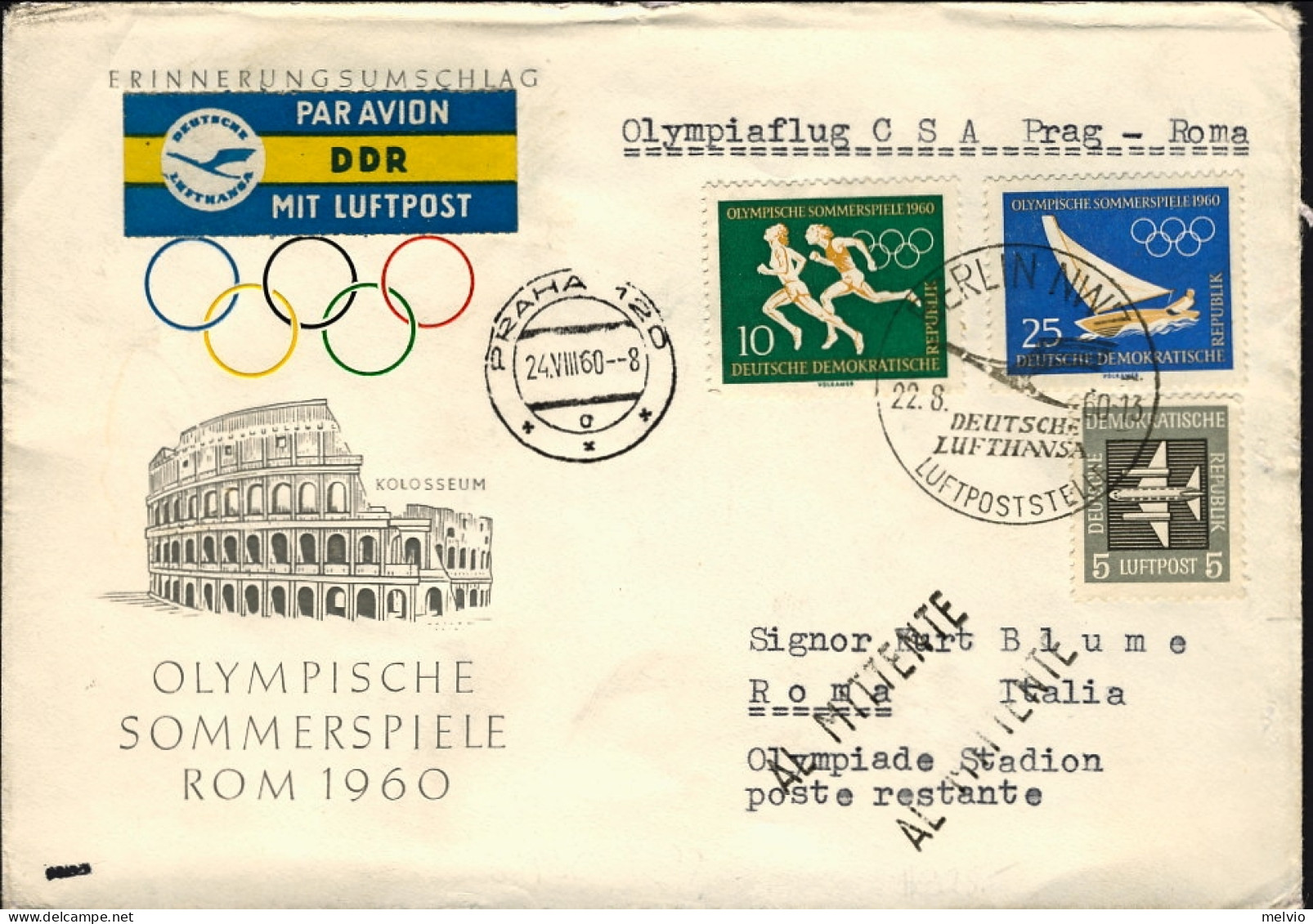 1960-Germania DDR Volo Olimpico CSA Praga Roma Del 25 Agosto - Storia Postale