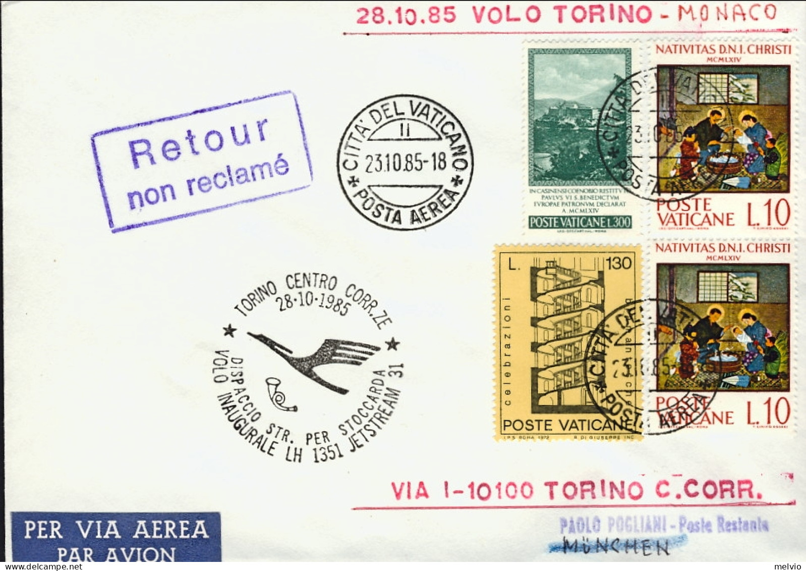Vaticano-1985  I^volo Lufthansa LH 1351 Torino Monaco Del 28 Ottobre - Airmail